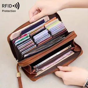 Vintage women's double zipper multi card slot large capacity wallet |   Fashionable lined handbag, multifunctional credit card bag, women's wristband handbag, suitable for parties, shopping, travel and other occasions.