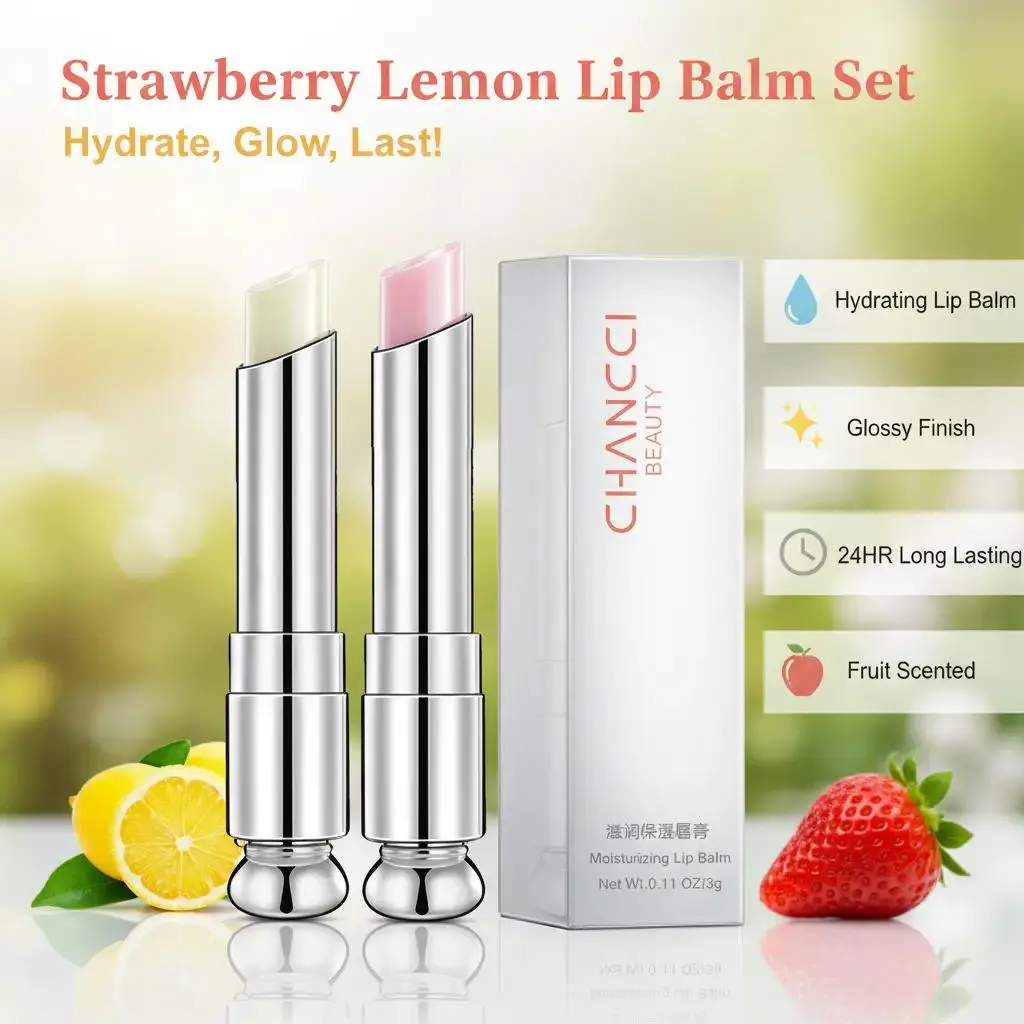 2Pcs Fruit Flavor Lip Balm Set Strawberry & Lemon, 24 Hours Hydrating Moisturizer Glossy Lip Treatment Gloss Lipgloss Lipstick Makeup Cosmetic Glossy Lip Care