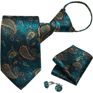 Silk Zipper Ties for Men,Paisley Solid Plaid Pre-tied Tie and Pocket Square Cufflinks Set Formal Adjustable Necktie