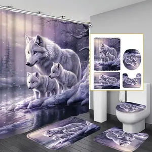 1pc/4pcs 2D Flat Snow Wolf Mother and Child Pattern Multi-color Background Shower Curtain, Modern and Personalized Home Bathroom Art Decoration, Shower Curtain Set with 12 Hooks, Bathroom Non-slip Mat, Toilet Seat Cover, Holiday Decoration