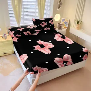 Watercolor pink bowknot print fitted sheet set,Includes 1 Fitted Sheet & 2 Pillowcases without Filler,Gentle and romantic decoration,Suitable for gifting or personal use,Ideal for home bedrooms and hotels,Multiple styles available.