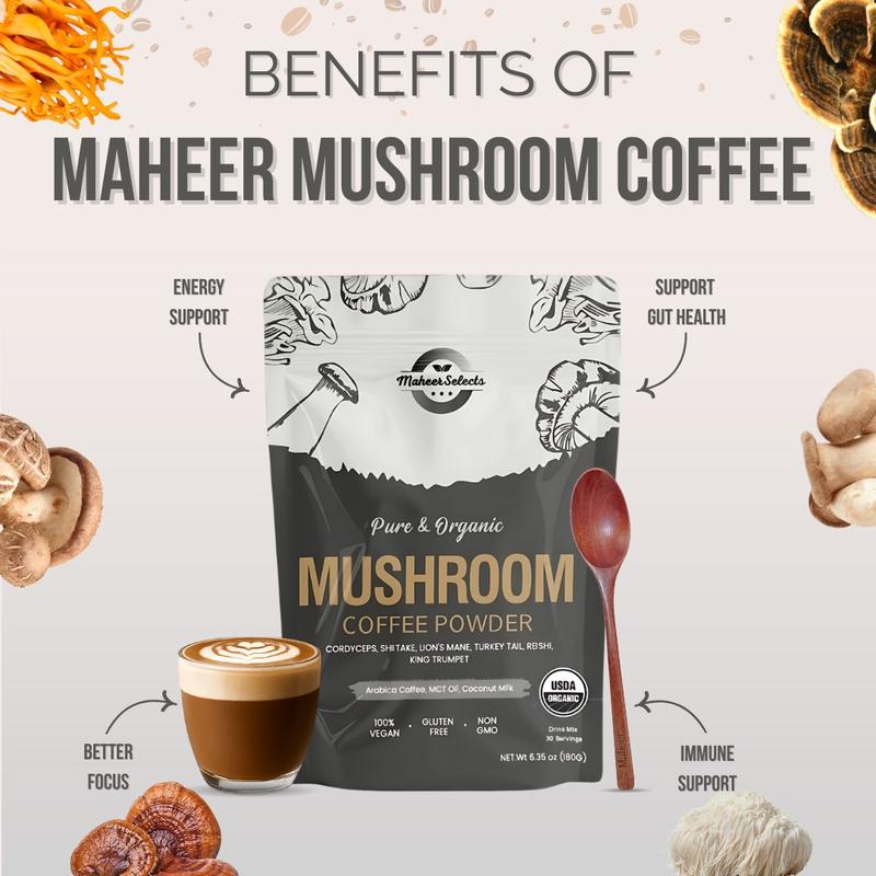 MaheerSelects Premium Mushroom Coffee Powder withbox Complete Coffee Set 100% REAL, USA Grown Instant Coffee for Better Energy, Focus, Digestion, Immunity with Lions Mane & Turkey Tail, 30 servings
