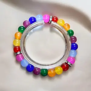 8mm dyed jade rainbow bracelet with gunmetal silver rhinestone accents