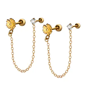 OIDEA Double Pierced Chain Earrings 316 Stainless Steel CZ Flower Tassel Two Hole Drop Studs for Women Hypoallergenic Gold