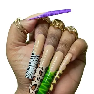 Animal Print Custom Press On Nails Gel Hand Painted Reusable Long Lasting Builder Gel Nails With Prep Kit For Easy Application