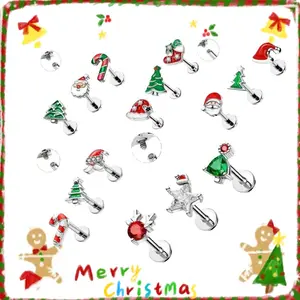 OUFER Body Jewelry 16G 3PCS Internally Threaded 316L Stainless Steel Flat Back Piercing Jewelry, AAA+ Epoxy Cubic Zirconia Rhinestones, Festive Christmas Motifs (Santa-Rudolph-Tree-Hat-Star), Body-Safe Dainty Unisex Labret-Cartilage Insertions
