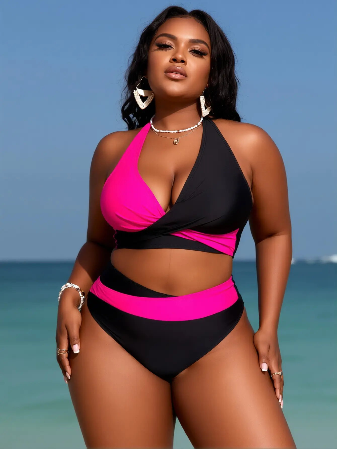 Women's Plus Size Colorblock Bikini Set - Twist Front Halter Top with Removable Pads, High Waisted Diagonal Block Bottom, Tummy Control Swimwear (Bathing Suit, Swimsuits for Women, Plus Size Bathing Suits)