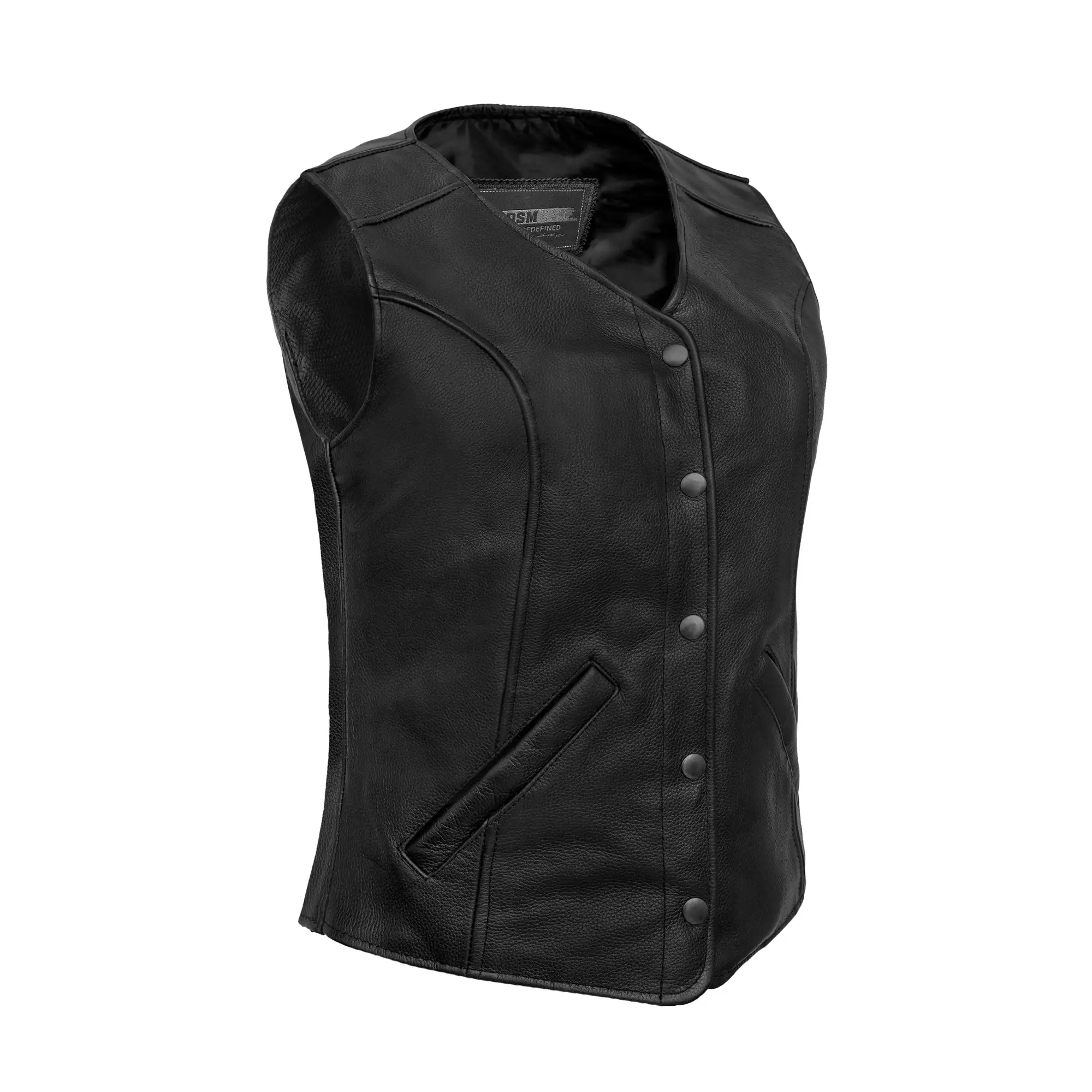 DANIEL SMART Glide™ Women's Biker Riding Leather Motorcycle Protective Vest - 1.1-1.2 mm Milled Cowhide, V-Neck, Antique Black, 4-Snap Closures, 2 Outside Hand Pockets, Conceal Carry Pockets, Heavy Duty Satin Liner, XS-5XL Sizes, Storage, Protection