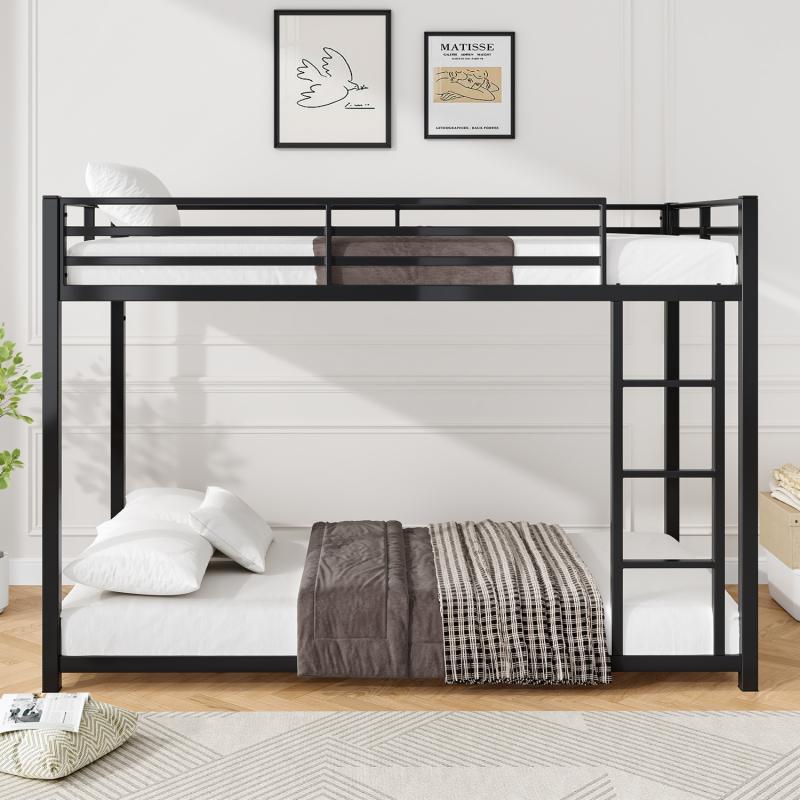 Twin Over Twin Metal Bunk Bed, Low Bunk Bed with Ladder, Black, Sturdy Steel Construction, Safe Design, Easy Assembly, 250lb Upper Bed Capacity, 350lb Lower Bed Capacity