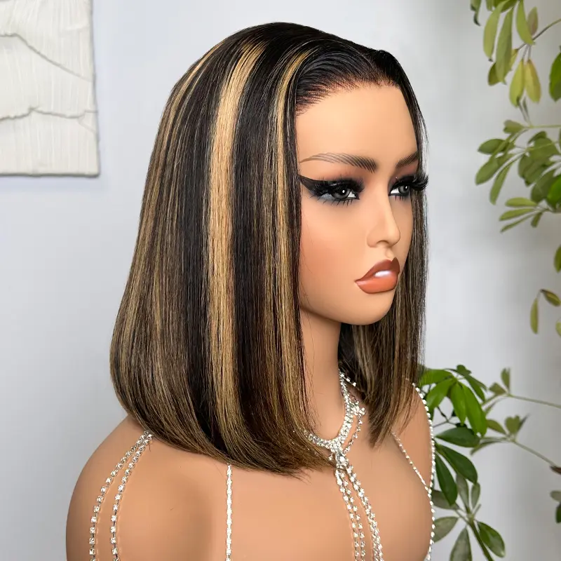 Megalook [Live] 5x6 Balayage Lace Closure 100% Human Hair Wig, Pre-Cut Highlight Brown, Female Smooth Natural Straight Short Bob Wig, Silky Straight, Pure Human Hair, Lace Part Wig