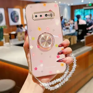 S10+ Fashion Series Crystal Jewelry Strap Lanyard Phone Holder Case For Compatible With Samsung Galaxy S10 Plus Plating Cover and Protective Durable Beautiful and Lovely Flowers Protector Cases