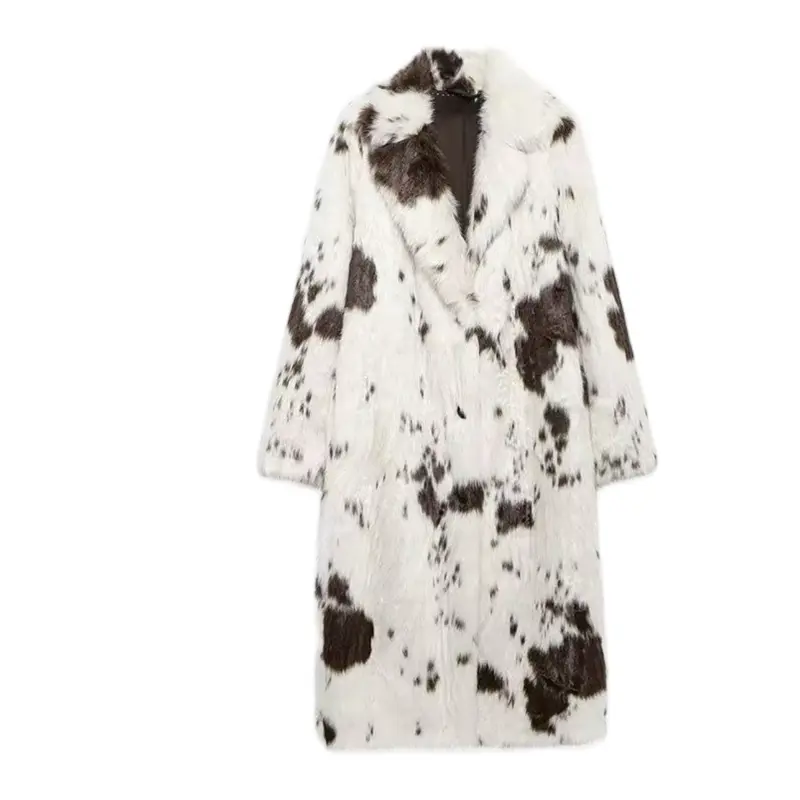 Love Me A Chillin Day Outside Longline Faux Fur Women's Coat in Stylish Cow Print Design for Winter