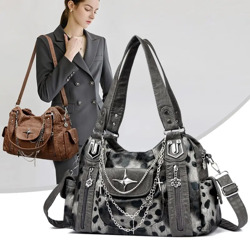 Women's Vintage Washed Y2K Biker Bag - Large Capacity, Multi-Pocket Fashion City Bag for Shoulder, Crossbody & Handheld Use
