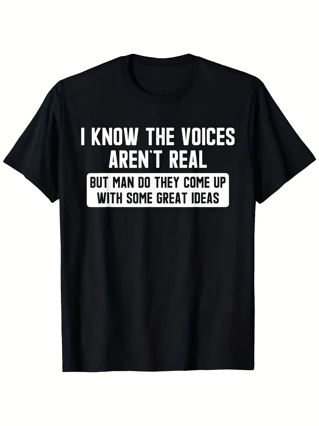 Men'S Plus Size Schizophrenia Awareness T-Shirt - I Know The Voices Aren'T Real Funny Retro Psychotic Humor Tee, Plus Size L-XXXXXL, Black White Crew Neck Casual Top with Slogan, Machine Washabsummer Essential, Perfect for GiftingRHW