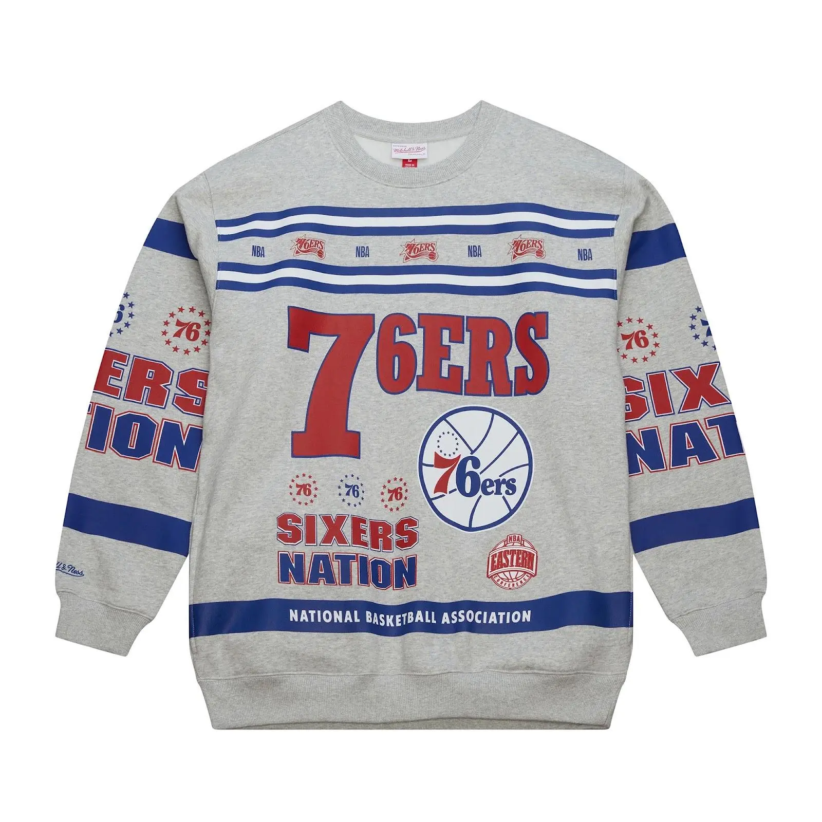 Philadelphia 76ers Heather Gray All Over Print Vintage Fleece Crewneck Sweatshirt NBA Throwback Fan Gear Mitchell & Ness