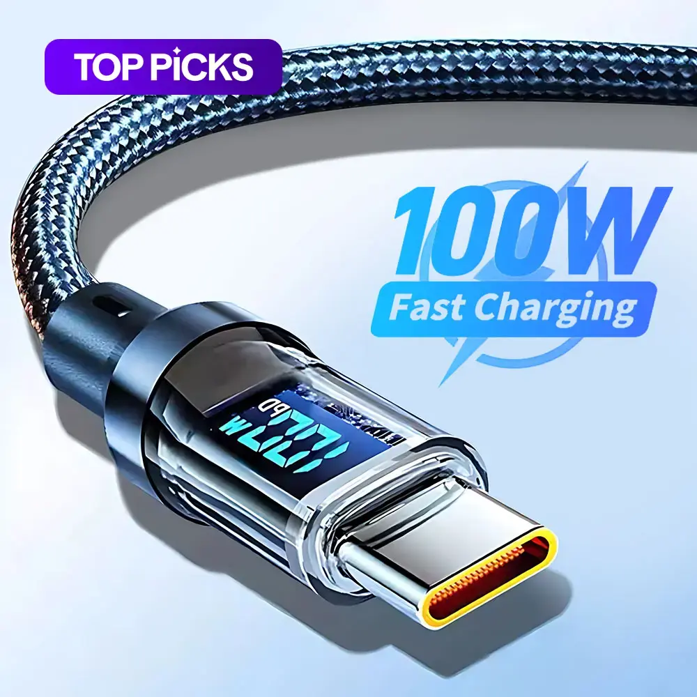 100W PD Fast Charging Type-C Phone Data Cable, Intelligent Digital Display Charger Cable, Wear-Resistant Nylon Braided Durable Data Cable for iPhone 15 & Android #GLOBAL PICKS