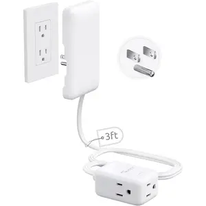 Flat Extension Cord with 3 Outlets, 3FT Short Extension Cord Flat Wall Plug & Ultra-Thin Outlet Cover, 900J Surge Protection, 13A/1625W, ETL Listed, White Outlet Extender for Kitchen Bathroom