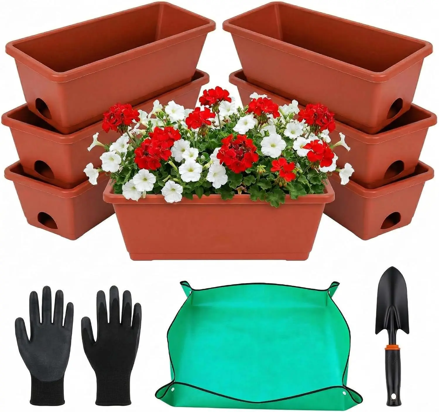 Red Window Box Planters, 7 Pack Rectangular Plastic Flower Planters Boxes with Saucers, 17 Inches Vegetable Planting Pots for Indoor Outdoor Garden, Patio, Windowsill, Home Decor