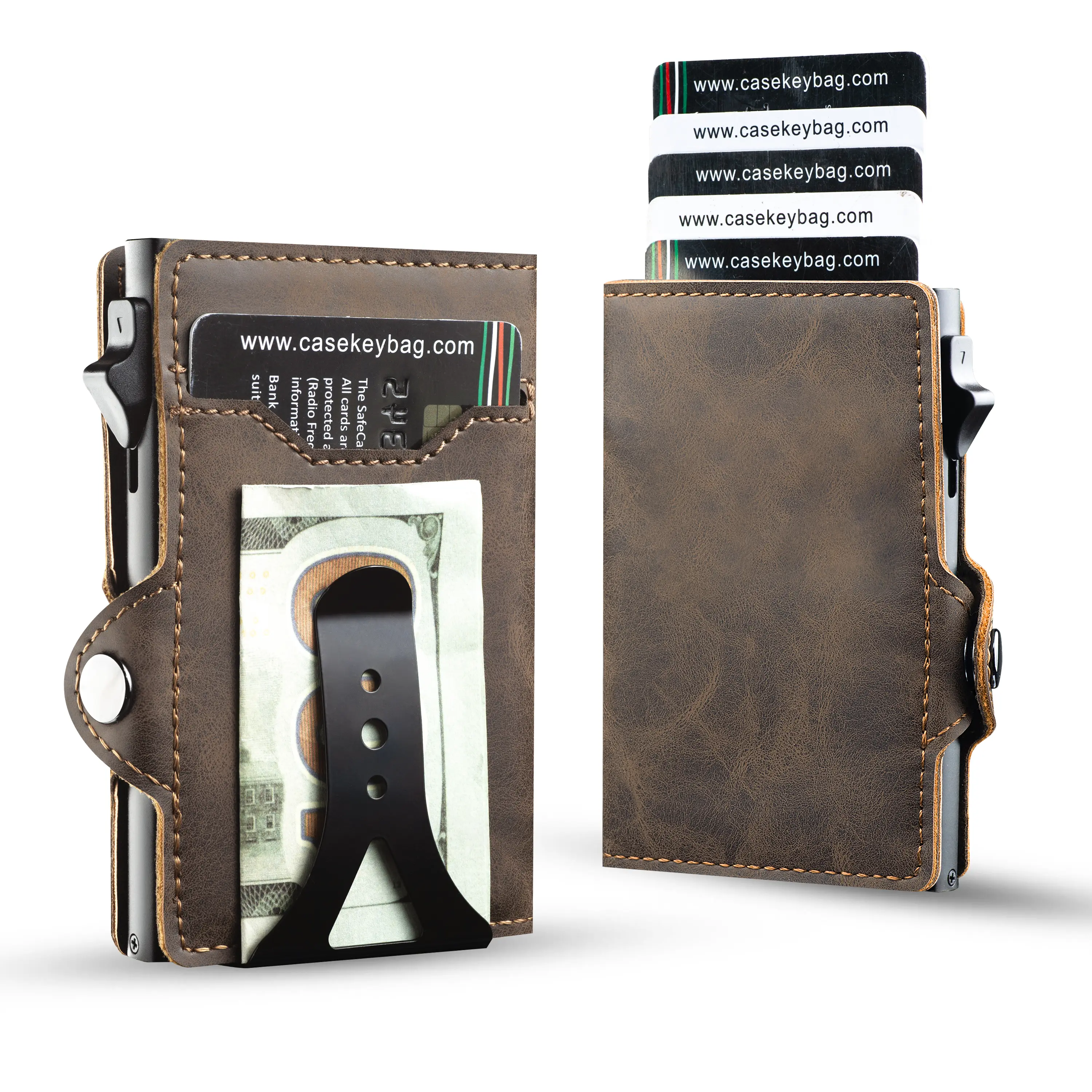 CaseKey Men's Pop Up Case, Cash Slot, and Credit Card Slot - Aluminum Wallet with RFID Blocking, Minimalist Leather Wallet Front Pocket with ID Window, Gift Box, Money, Mens Wallet