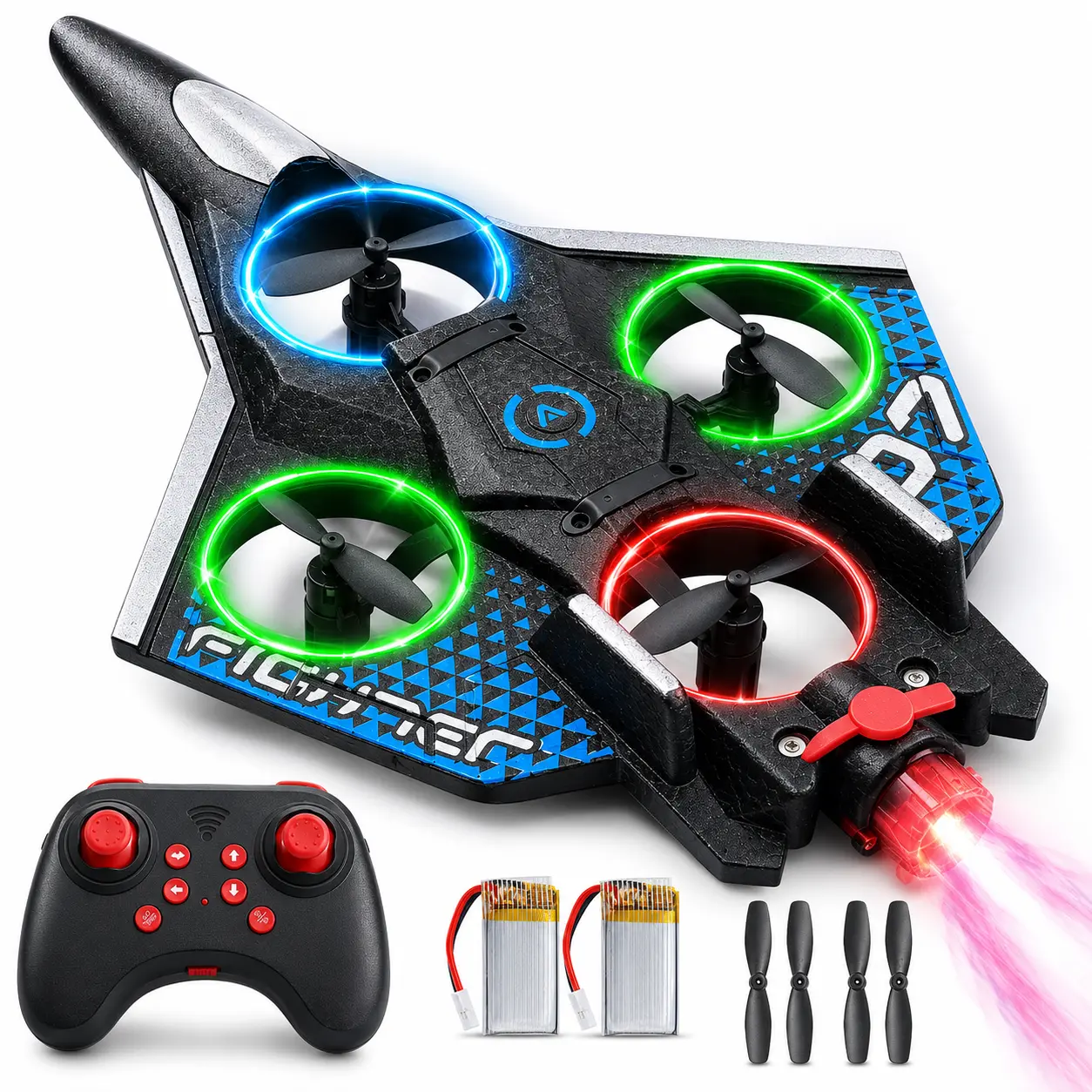RC Foam Aircraft with Spray Mist and Color Lights, Remote Control Flying Toy with 360° Flip, One-Key Takeoff and Landing, 2 Batteries