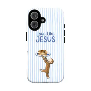 Curious George iPhone Case, Cartoon Monkey Phone Cover with Love Like Jesus Bible Verse and Pancake Design for iPhone 7 8 X 11 12 13 14 15 16 and Samsung S21 S22 S23 S24