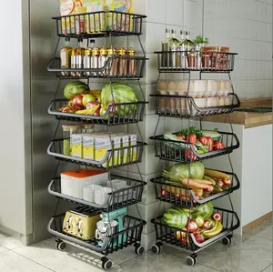 Kitchen Storage Baskets Black Iron Wire Storage Bins with Wheels and Feet, Stackable Vegetable Storage Baskets (6-Tier Baskets)