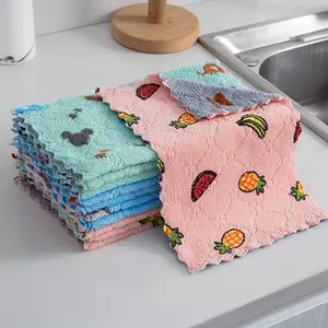Reusable Coral Fleece Cleaning Cloths, Super Absorbent Kitchen & Bathroom Towels, Washable Quick-Dry Mop Pads, Colorful Fruit Star Patterns, Highly Absorbent Cleaning Cloths