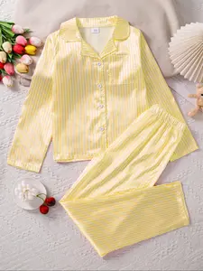 Two-Piece Set Girl's Striped Print Lapel Shirt & Pants Satin Pyjama Set, Long Sleeve Button Front Top & Trousers Set, Kids Sleepwear for Fall & Winter, Striped Print Pajama