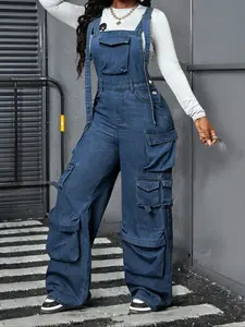 Women's Adjustable Strap Denim Workwear Jumpsuit, Loose Fit Fashion Casual Overall, Sleeveless Strap Overalls, Spring & Fall Style, Comfortable and Stylish