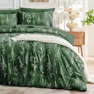 Dark Green Bed in a Bag  7 count,  Comforter Set Reversible Botanical  Design, Ultra Soft & Breathable Bedding Sets with Comforter, Sheets, Pillowcases & Shams