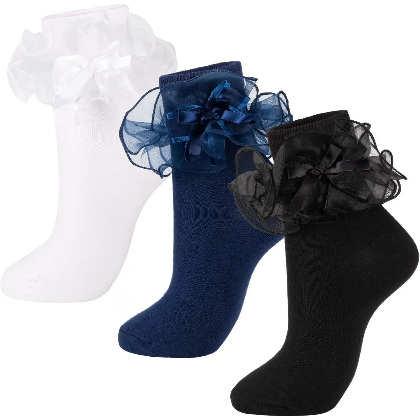 Women's Big Ruffle Socks with Bows Double Lace Turn Cuff (Size 9-11, 3 Pairs) JinhuanXuan SHOP