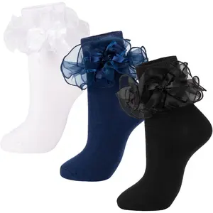 Women's Big Ruffle Socks with Bows Double Lace Turn Cuff (Size 9-11, 3 Pairs)
