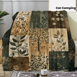 1pc Flannel Blanket - Vintage Patchwork Botanical Floral Print, 100% Polyester, 250-300gsm All-Season Soft Warmth for Sofa Bed Car Camping Office, Cozy Gift Idea, Travel Blanket | Botanical Print | Decorative Throw