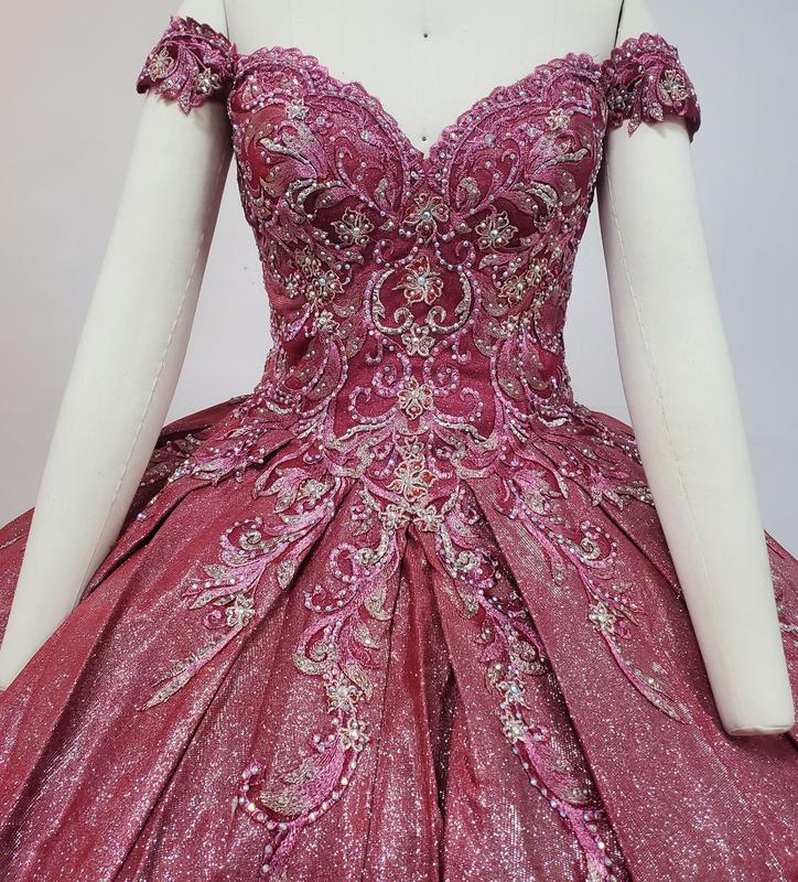 NO.24 Quinceanera Dress, Satin Off Shoulder Pocket  Design Dark Salmon Dusty Rose Champagne Ball Gown Dress
