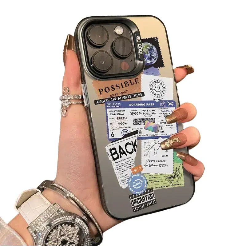 New Boarding Pass Ticket Sticker Splicing, American Retro Ins Minimalist Travel Trend Style Shockproof Color Silver Phone Case for iPhone 17 Pro Max/16 Plus/16/15/14/13/12/11 XS Max/X/XS, Smartphone, Handheld, Cellphone