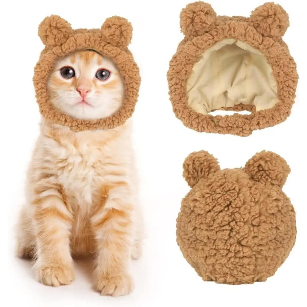 Cute Cat Costume Warm Bear Hat Adjustable Soft Small Pet Headwear for Puppy Dog (Brown)