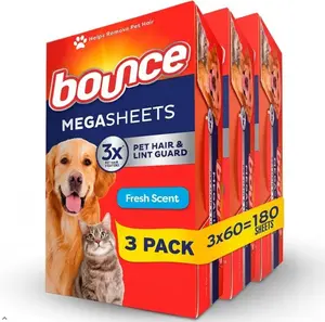 Bounce Pet Hair and Lint Guard Mega Dryer Sheets with 3X Pet Hair Fighters, Fresh Scent, 180 Count