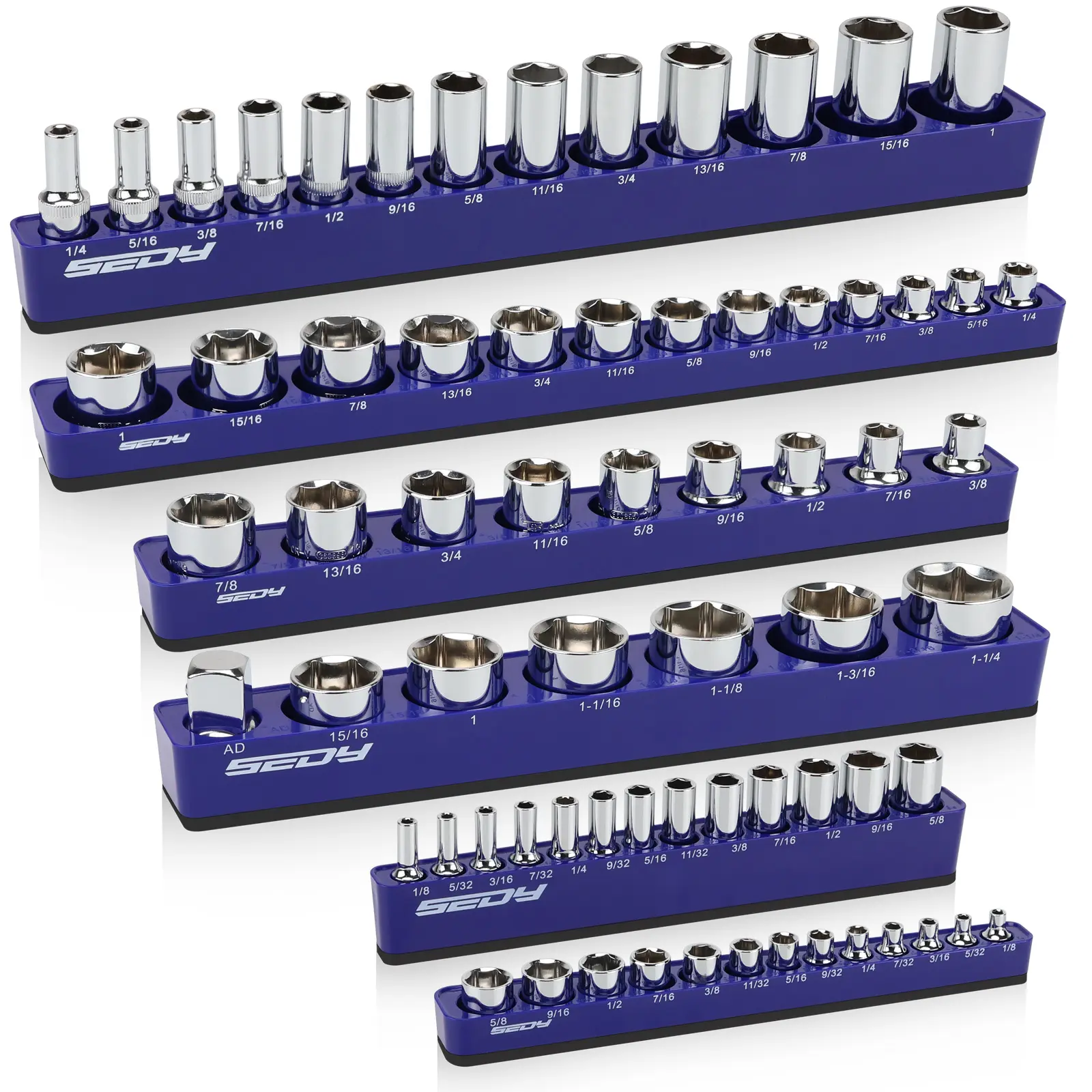 Sedy SAE Series Magnetic Socket Organizer Set (6-Piece) - 1/4"-3/8"-1/2" Drivers, Holds 68 Sockets, Detachable ABS Plastic Tray, 5mm Strong Magnetic Base, Screw-Fixed Storage for Mechanics, Metal-Built, Garage/Workshop Space-Saving Solution
