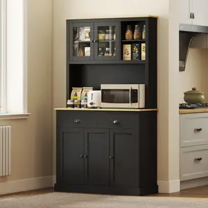 71" Tall Black Kitchen Pantry Cabinet with Countertop