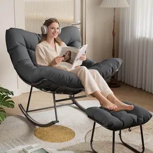 Oversized Papasan Rocking Chair with Footrest, Outdoor Lounge Chair with Ottoman and Sturdy Metal Frame, Patio Rattan Egg Rocker , Grey