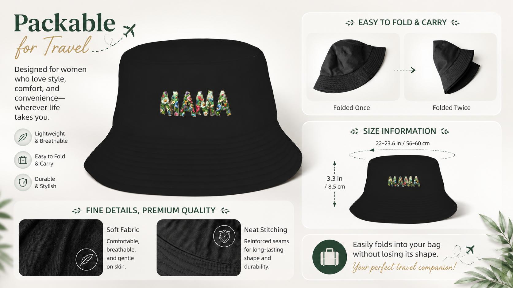 Women's MAMA Floral Letter Bucket Hat - Black, Casual, Lightweight Foldable Packable Sun Hat for Beach, Vacation Wear