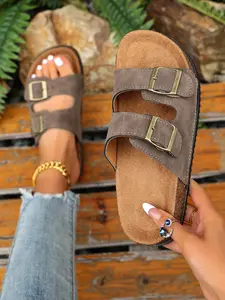 Women's Dual Strap Metal Buckle Soft Sole Sandals, Casual Retro Style Slip-On Shoes, Comfortable Outdoor Footwear for Daily Wear