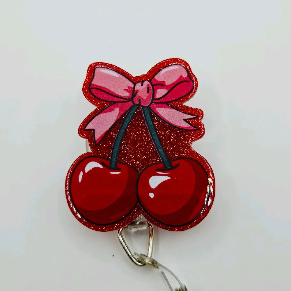 Cute Red Cherries with Pink Coquette Bow Dark Red Glitter Acrylic Retractable Badge ID Reel Belt or Alligator Clip Cute