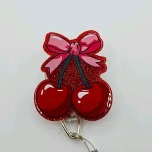 Cute Red Cherries with Pink Coquette Bow Dark Red Glitter Acrylic Retractable Badge ID Reel Belt or Alligator Clip Cute