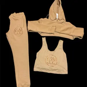 Tan 3-Piece Y3M Sweatsuit - Includes Hoodie, Joggers, and Crop Top with Logo Design