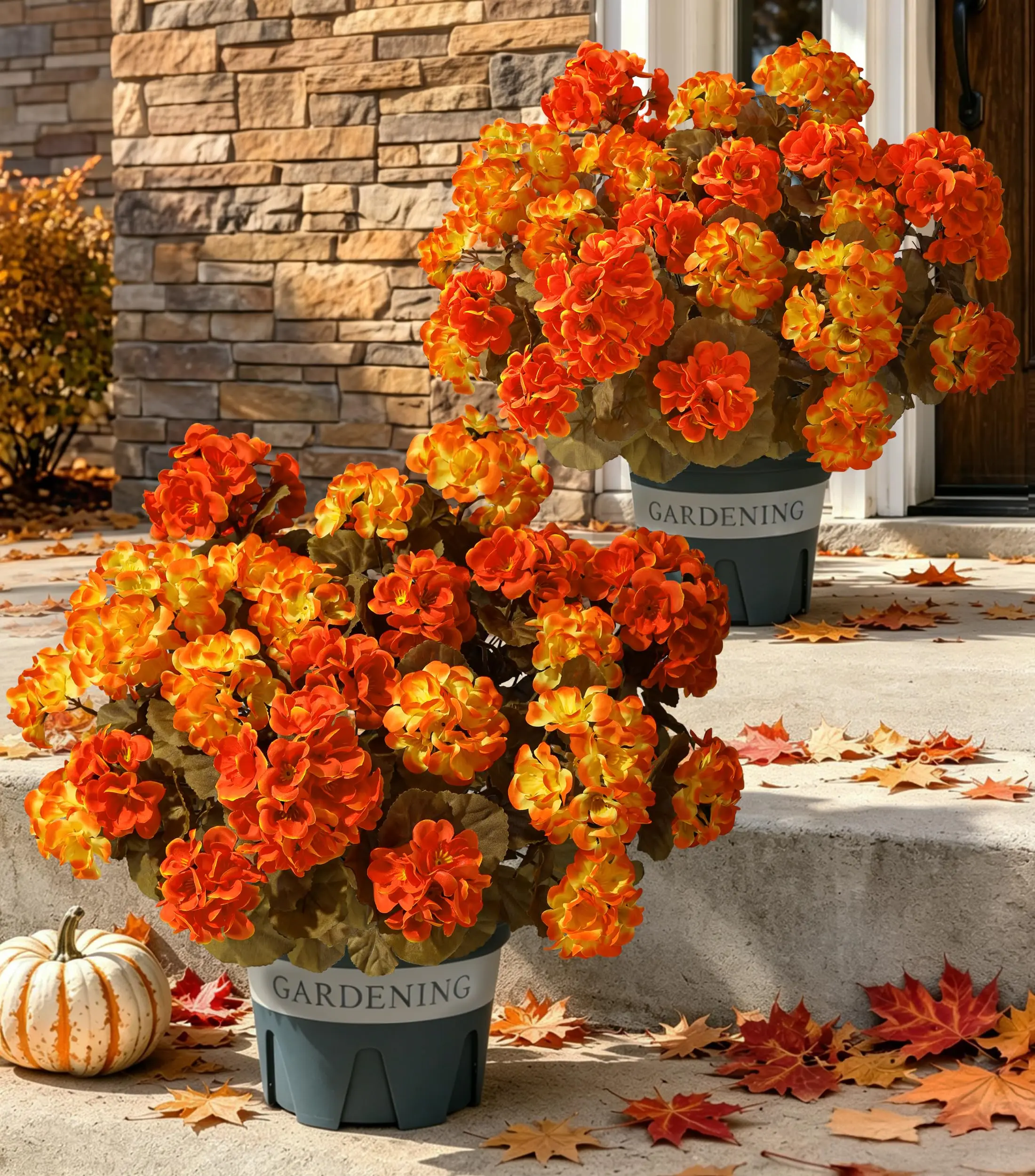Ivydale 2-Pack Artificial Geranium Potted Plants - Durable Silky Plastic Decorative Outdoor Flower, Waterproof UV-Resistant Fake Greenery Ornaments, Flower Design Decorations for Porch Patio Yard Home Decor