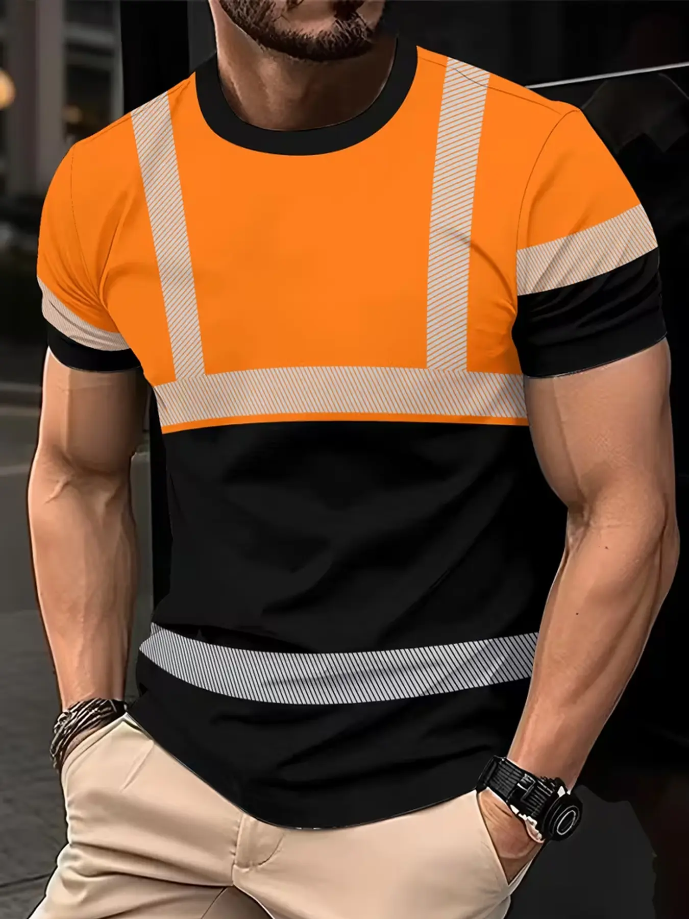 Men's casual autumn and winter workwear printed short-sleeved T-shirt - Contrast color design, round neckline, lightweight and breathable, made of durable fabric, suitable for casual daily wear, Casual Style Tee, Menswear