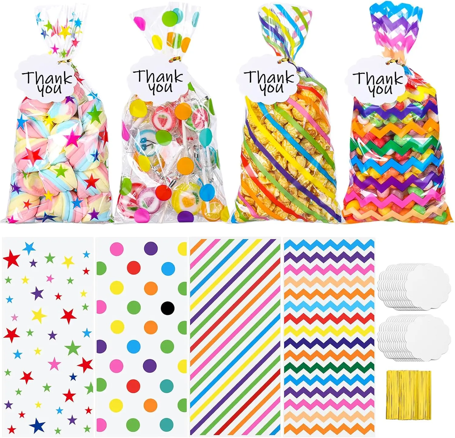 100 Set Rainbow Cellophane Treat Bags 5 x 10.6 Inch Clear Candy Bag | Party Favor Bags with 100 Gift Tags and Twist Ties for Rainbow Colorful Party Baby Shower Decorations