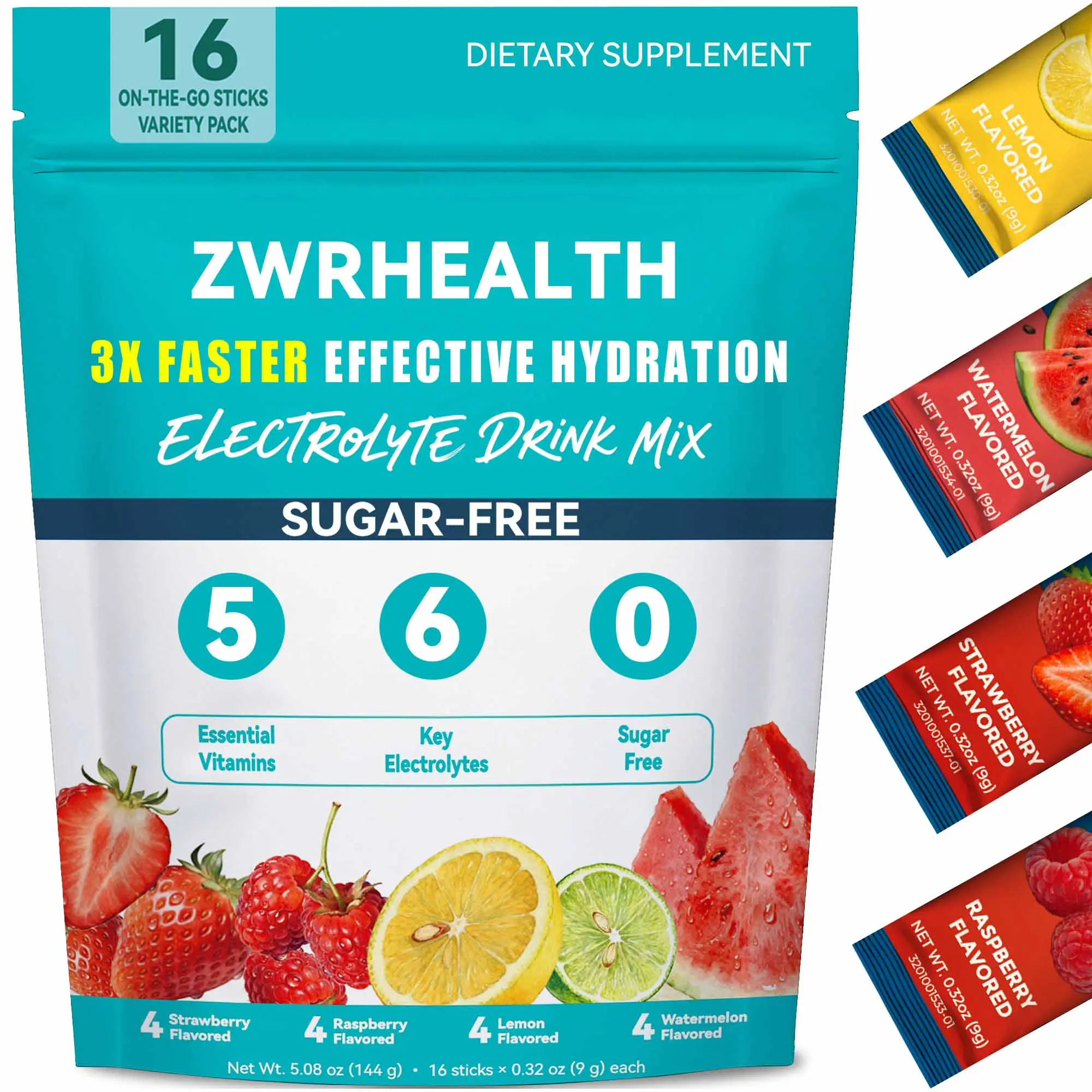 ZWRHEALTH Electrolyte Powder Drink Mix, Sugar Free Hydration Packets, 16 ct Variety Pack, Strawberry Raspberry Lemon Watermelon