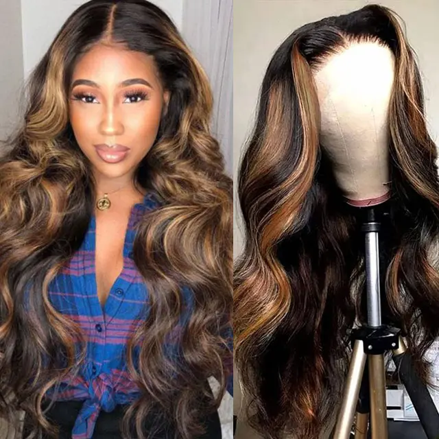 ALIGLOSSY 1B 30 Balayage Highlight PRE Colored Wavy HD Transparent Lace Frontal Human Hair Wigs For Women 13x6 Ombre Balayage Highlight Body Wave Lace Front Wigs
